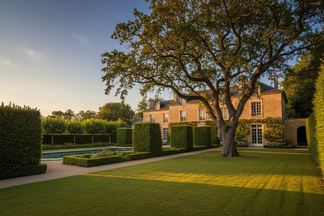 Grand jardin arboré derrière une maison en pierre