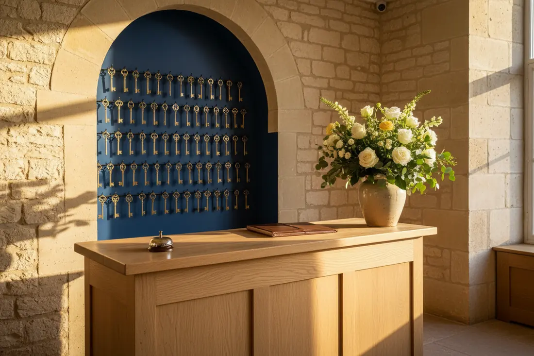 Réception d'un hôtel de charme avec comptoir en bois