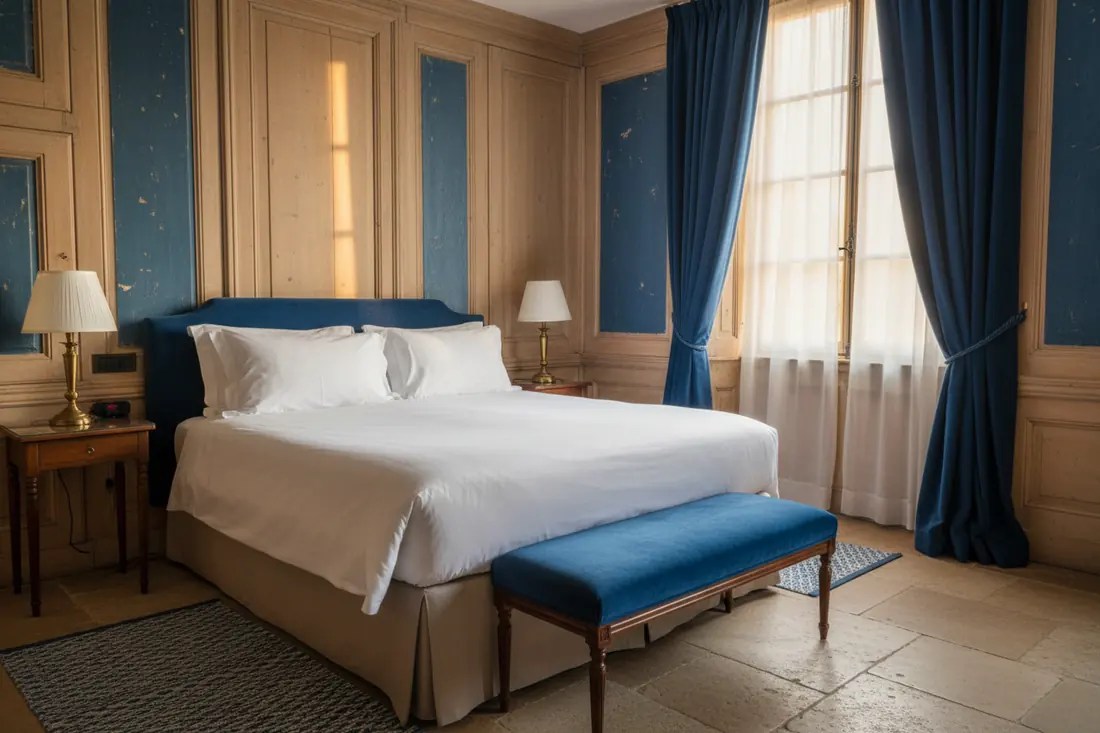 Chambre de charme avec boiseries anciennes et linge blanc