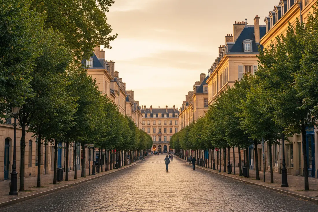 Large avenue bordée de rangées d'arbres et d'immeubles en pierre